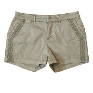 Garnet Hill Womens Sz 6 Salt-Washed Chino Shorts Olive Green Embroidered Boho